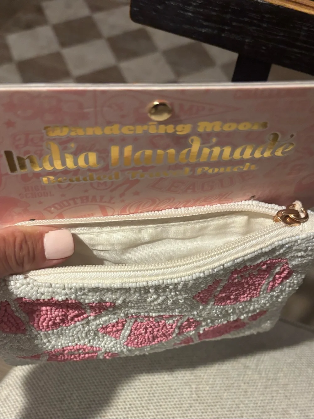 Handmade Pink Beaded Travel Pouch - Pink and White